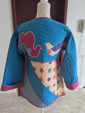 Vintage Jeanne Marc Quilted Jacket RARE 80s Patchwork Pink Blue Birds Medium